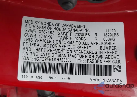 2021 Honda Civic Sport z USA, uszkodzony, nr VIN 2HGFC2F81MH520687